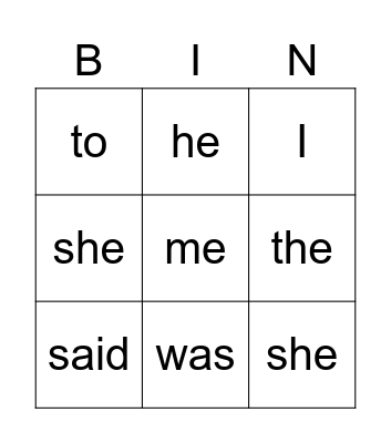 Junior Infant Sight Words Bingo Card