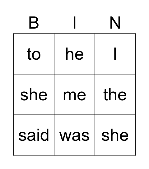 Junior Infant Sight Words Bingo Card