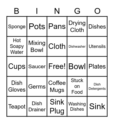 Washing Dishes Bingo Card