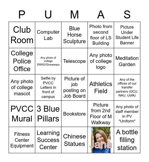 PVCC Welcome Week Bingo Card