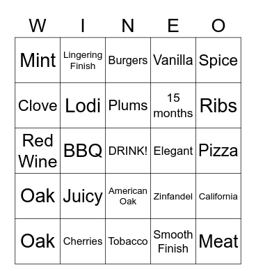 Klinker Brick Zinfandel Bingo Card