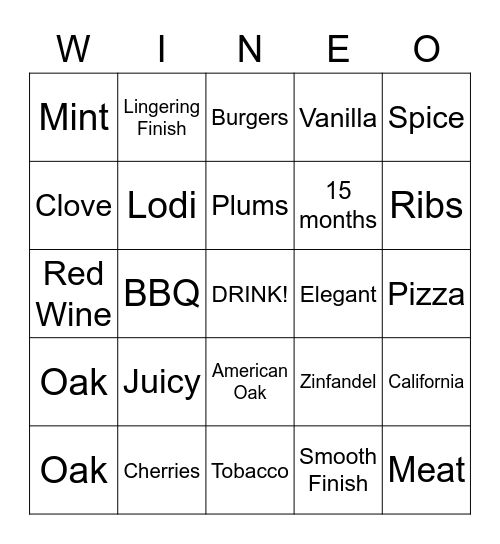 Klinker Brick Zinfandel Bingo Card