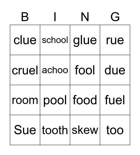 words with oo & ue Bingo Card