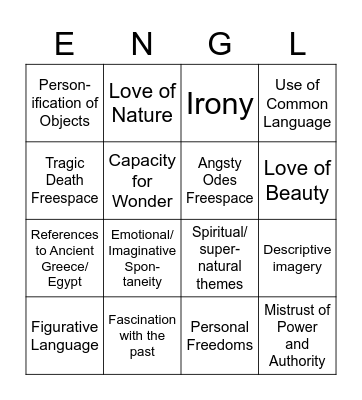 Romantic Poetry Bingo Card