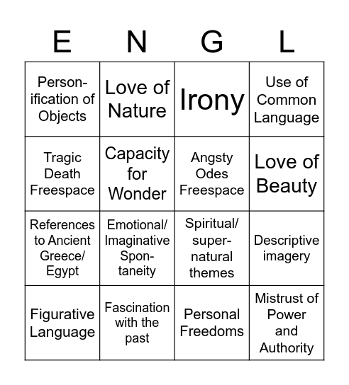 Romantic Poetry Bingo Card