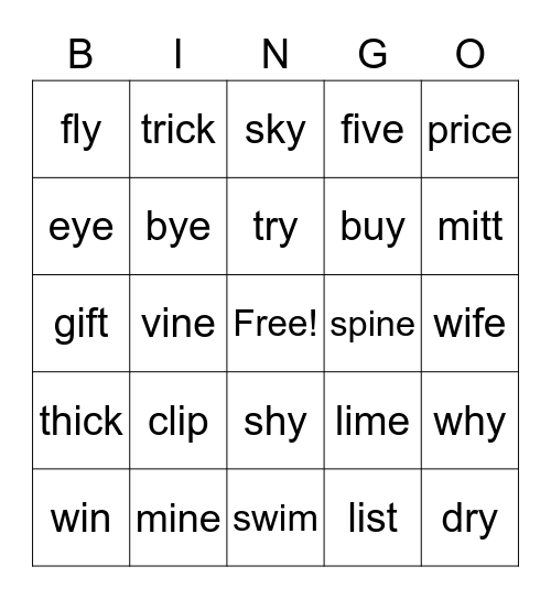 long and short i words Bingo Card