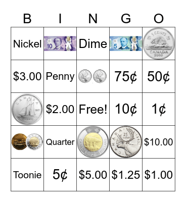 Canadian Money Bingo with Bills Bingo Card