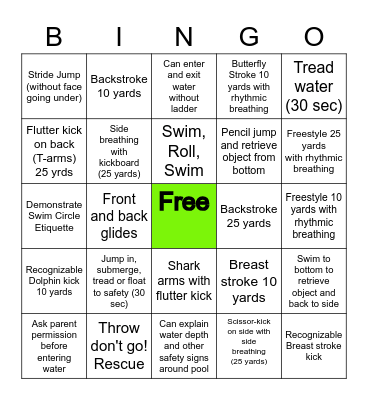 Level 3 Beginner Stroke Skills Bingo Card