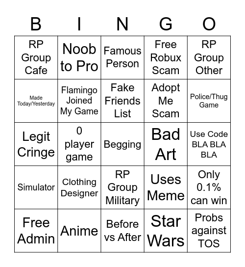 Devoun's Roblox Ad Bingo Card