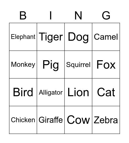 Animal Sound Bingo Card