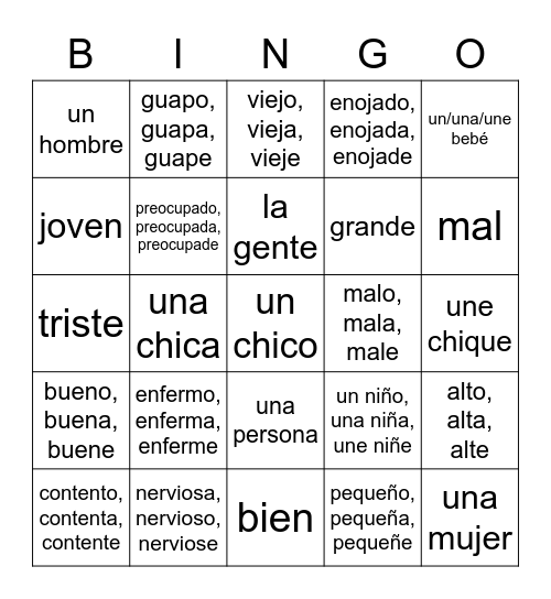 Los Adjetivos y Las Personas Bingo Card