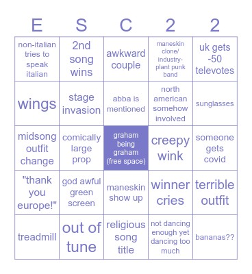 Eurovision 2022 bingo Card