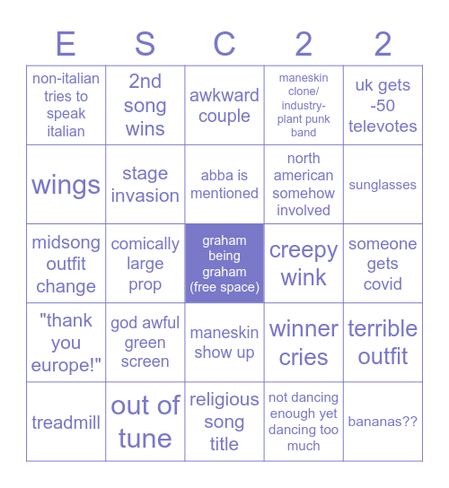 Eurovision 2022 bingo Card