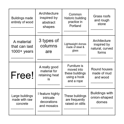 Architectural Style Bingo Card