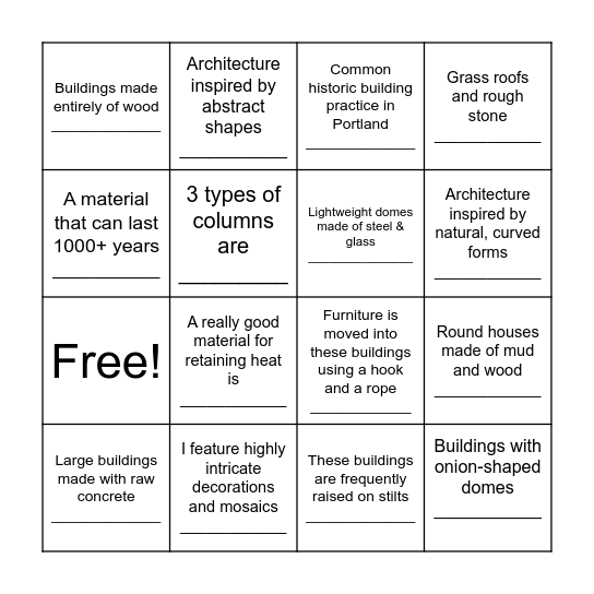 Architectural Style Bingo Card