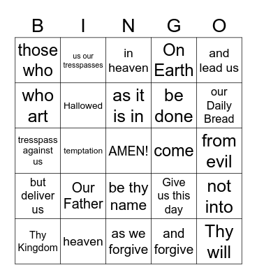 Our Father Bingo Card