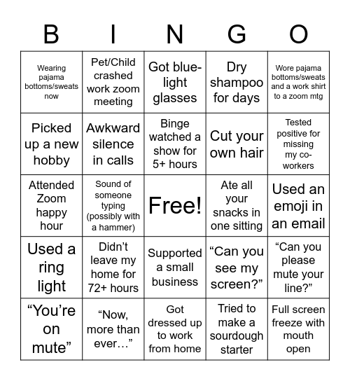WFH Bingo Card