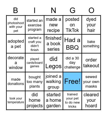 Quarantine Bingo Card