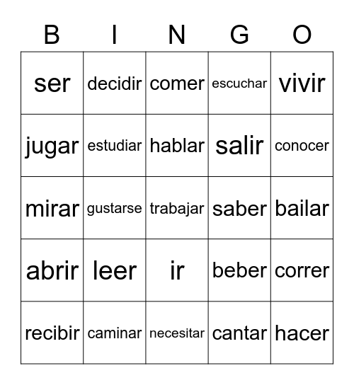 Verbos Bingo Card