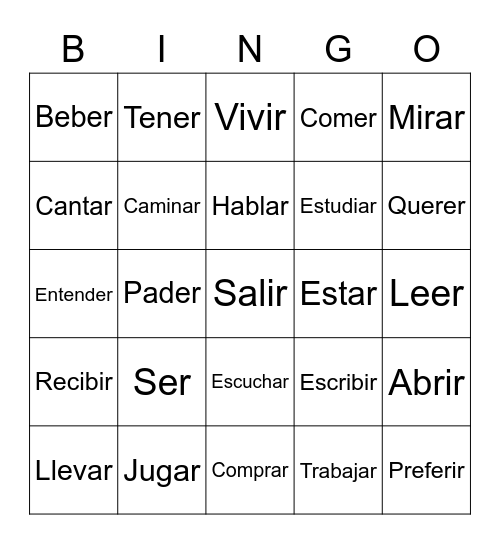 Verbos Bingo Card