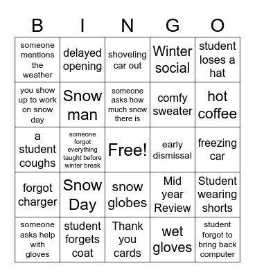 Teacher Winter Bingo Card