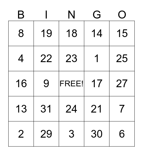 NUMBER BINGO Card