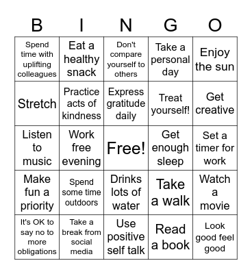 Staff Self Care Bingo Card