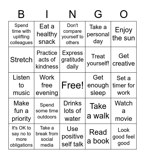 Staff Self Care Bingo Card