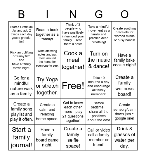 FAMILY WELLNESS BINGO Card