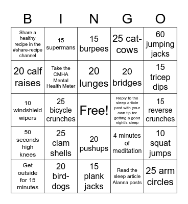 Thursday Fitness Bingo Card