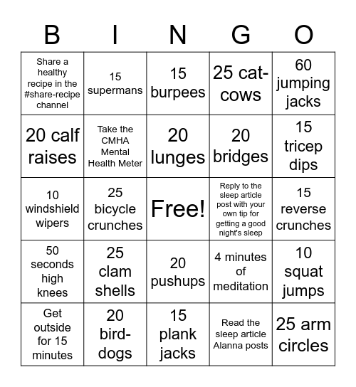 Thursday Fitness Bingo Card