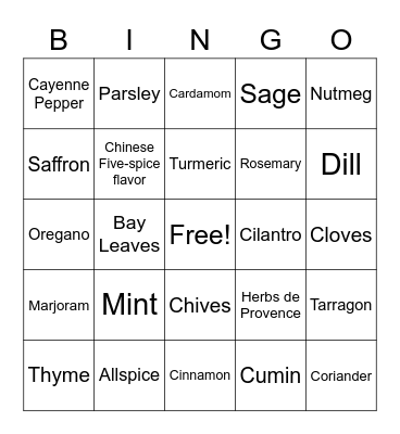 Herbs and Spices Bingo Card