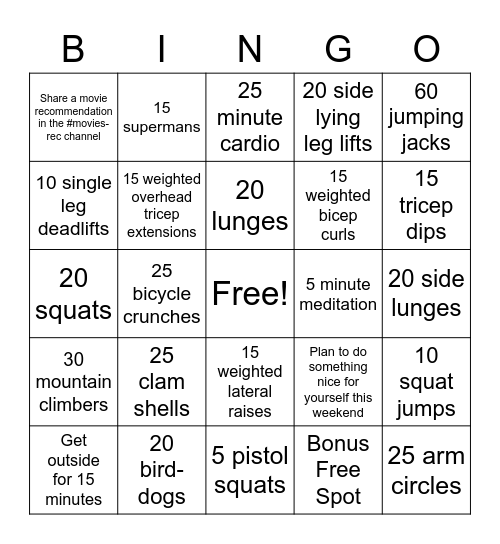 Friday Wellness Channel Bingo Card