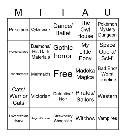 Miitopia AU Bingo Card