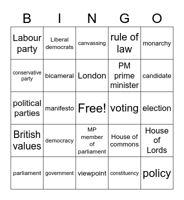 UK Democracy and government Bingo Card