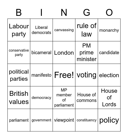 UK Democracy and government Bingo Card
