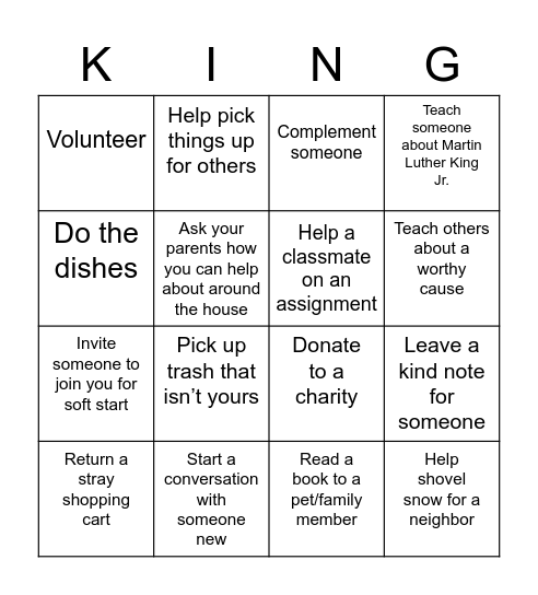 Martin Luther King Jr. Day Acts of Service Bingo Card