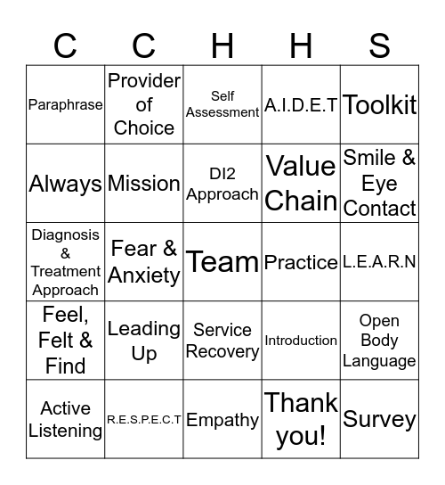 The Patient Experience Improvement Initiative Bingo Card