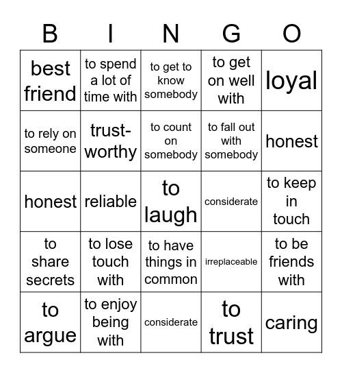 Friendship Vocab Bingo Card