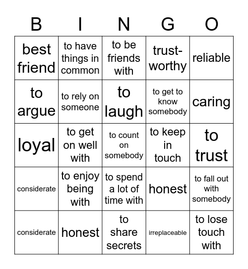 Friendship Vocab Bingo Card