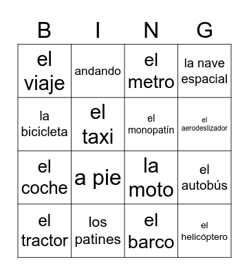 el transporte Bingo Card