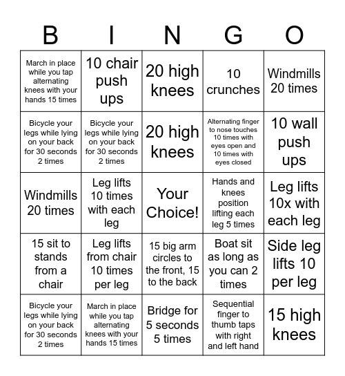 Gross Motor Bingo Ages 6-10 Bingo Card