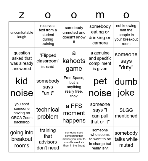 Staff Meeting Bingo Card