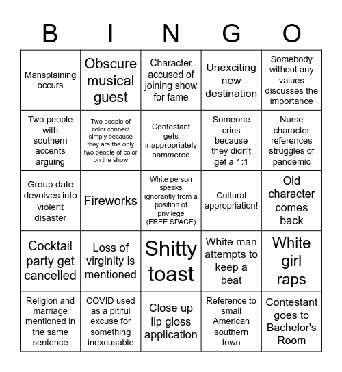 Bachelor/Bachelorette Bingo Card