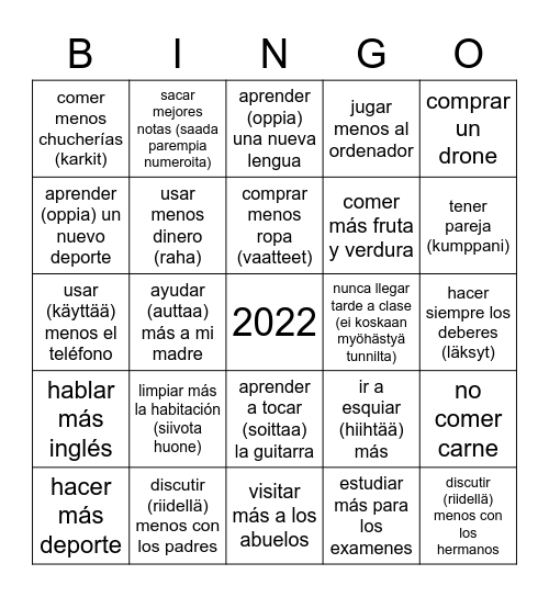 Metas para 2022 Bingo Card