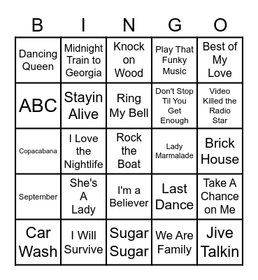 Sing-a-long Bingo 70's Dance Bingo Card