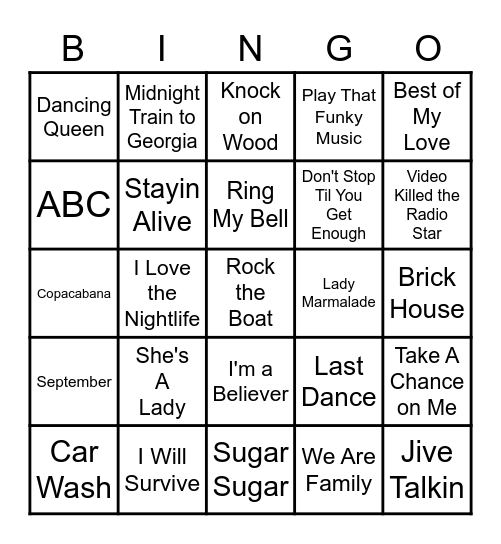 Sing-a-long Bingo 70's Dance Bingo Card