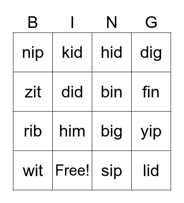 Kenneth's short i Bingo! Bingo Card
