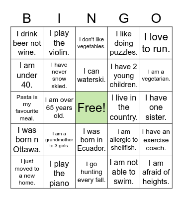 Getting to Know each other Bingo Card