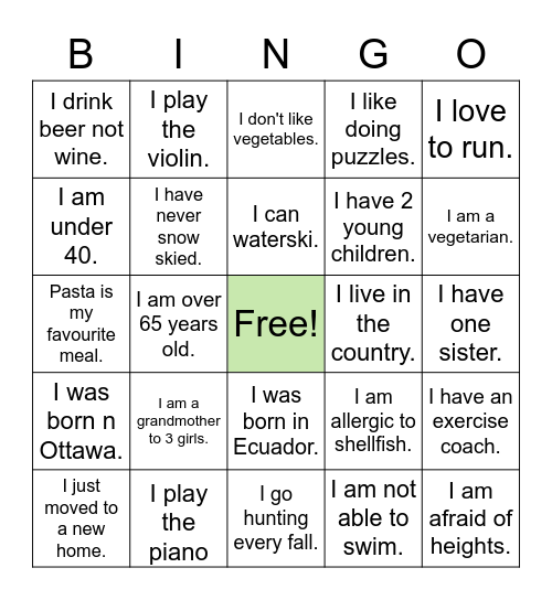 Getting to Know each other Bingo Card